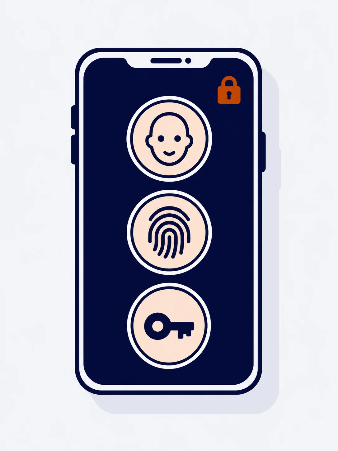 Ilustración: pantalla de acceso de la app en modo oscuro con reconocimiento facial, huella y contraseña