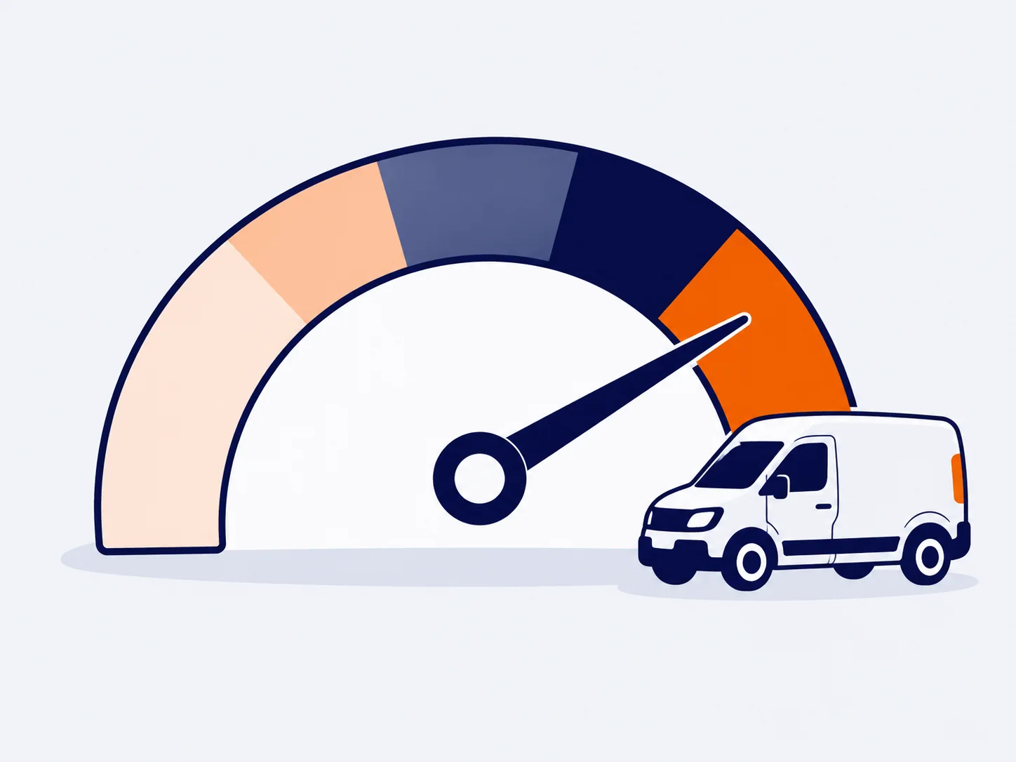 Ilustración: indicador semicircular con la nota de conducción de la flota junto a una furgoneta