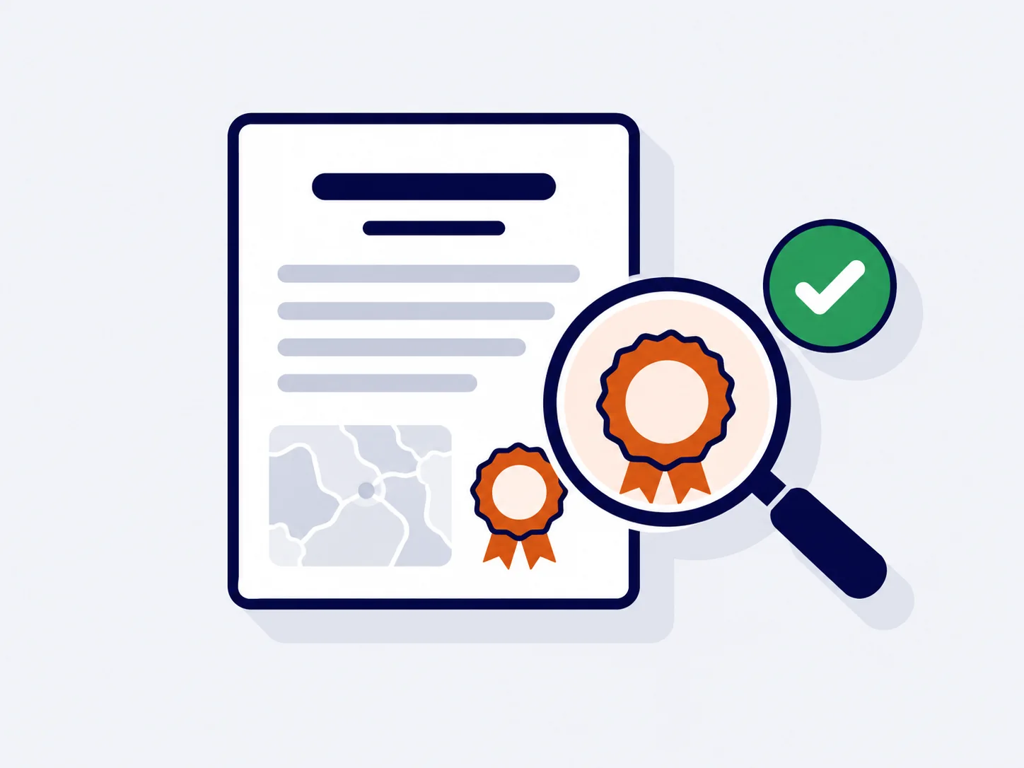 Ilustración: informe legal de posiciones GPS con sello de certificación y lupa de verificación