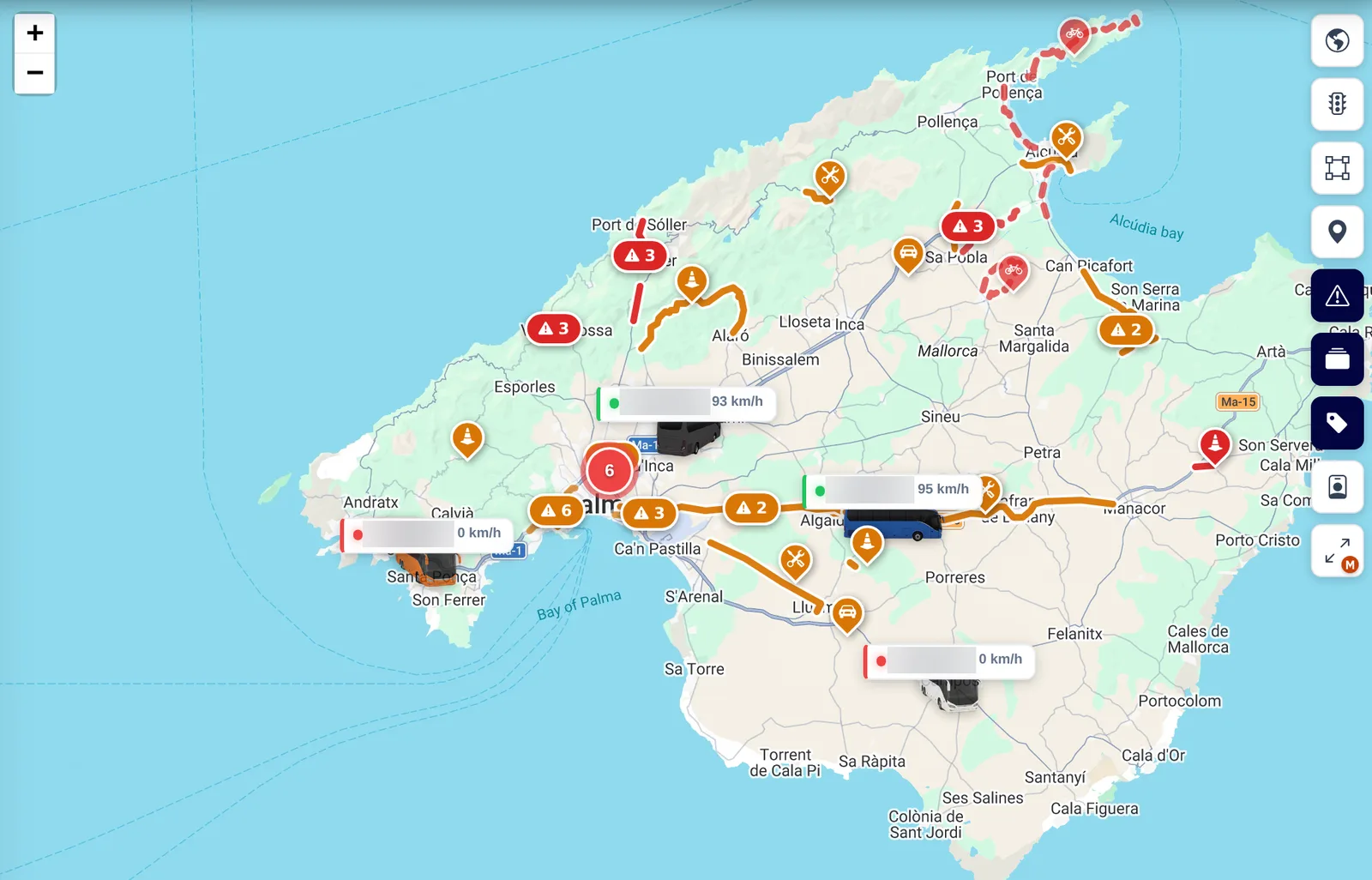 Mapa de Mallorca en ZonnaGPS con la capa de tráfico activada: cortes, obras y retenciones marcados en las carreteras junto a los vehículos de la flota