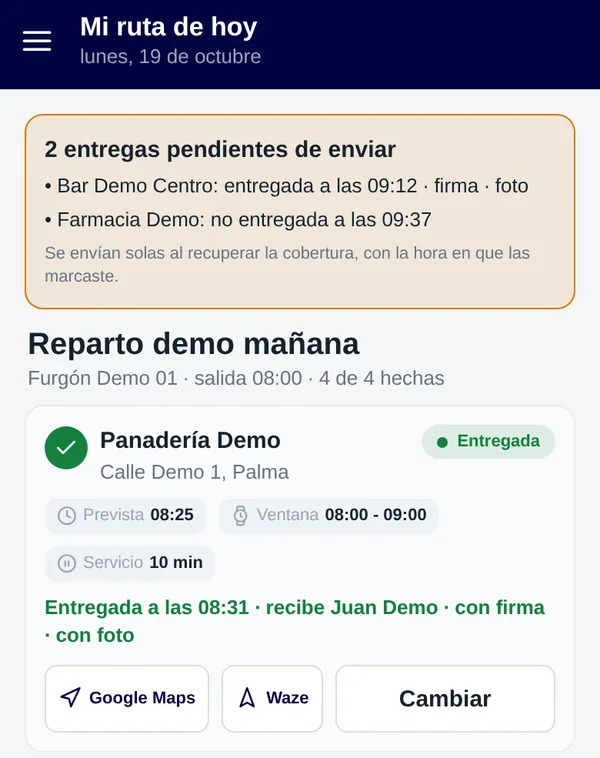 App del conductor en «Mi ruta de hoy» con dos entregas guardadas sin cobertura, pendientes de enviar con la hora en que se marcaron