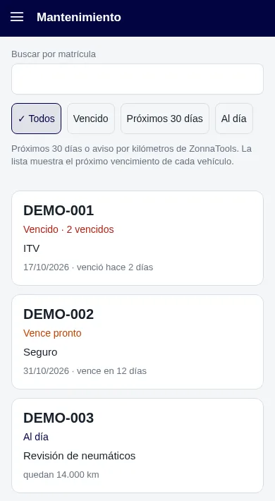 Mantenimientos en la app ZonnaGPS: próximo vencimiento de cada vehículo con su estado vencido, vence pronto o al día