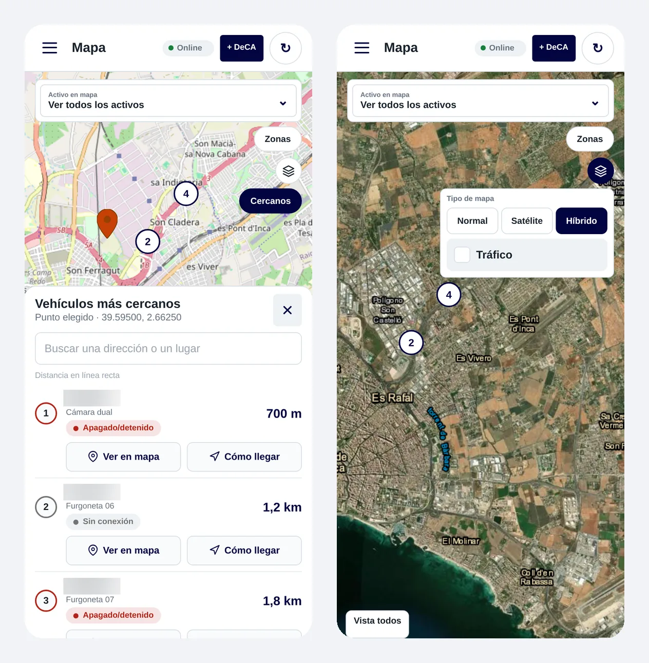 Mapa de la app ZonnaGPS: a la izquierda, los vehículos más cercanos a un punto con su distancia y los botones «Ver en mapa» y «Cómo llegar»; a la derecha, el selector de capas con mapa normal, satélite, híbrido y tráfico