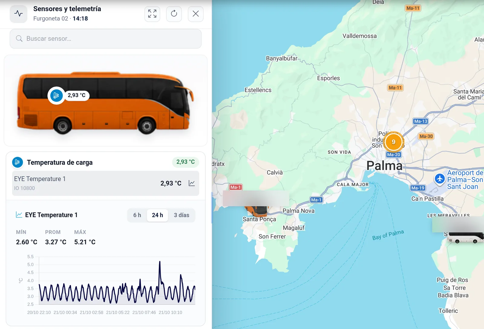 Load temperature on the vehicle page in ZonnaGPS: current probe reading, last 24 hours chart with minimum, average and maximum, and the vehicle on the map