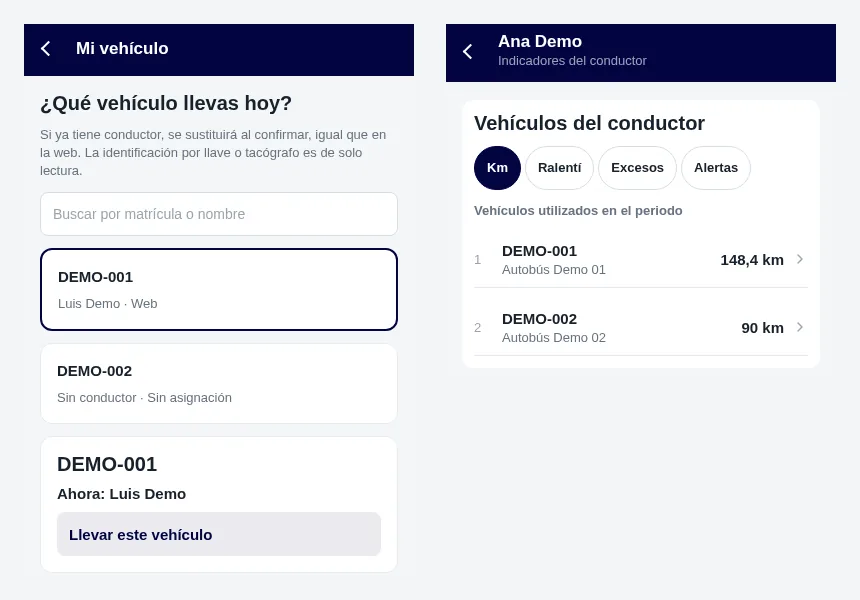 App ZonnaGPS: pantalla «Mi vehículo», donde el conductor elige qué vehículo lleva hoy y se ve quién lo lleva ahora, y los vehículos que ha usado un conductor con sus kilómetros