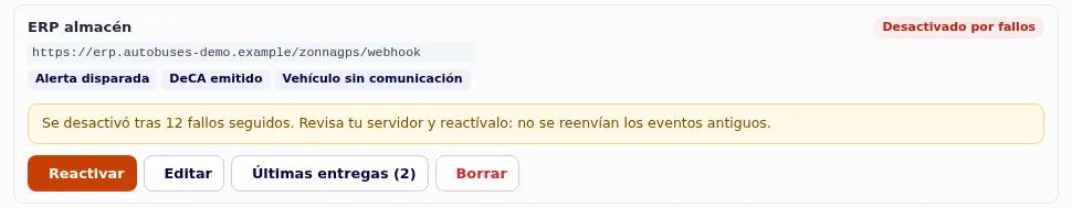 Webhook de ZonnaGPS con su URL de destino, los eventos suscritos (alerta disparada, DeCA emitido, vehículo sin comunicación) y el aviso de desactivación tras fallos seguidos