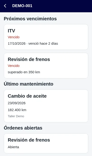 Ficha de mantenimiento de un vehículo en la app: próximos vencimientos por fecha y por km, último mantenimiento con sus km y órdenes abiertas