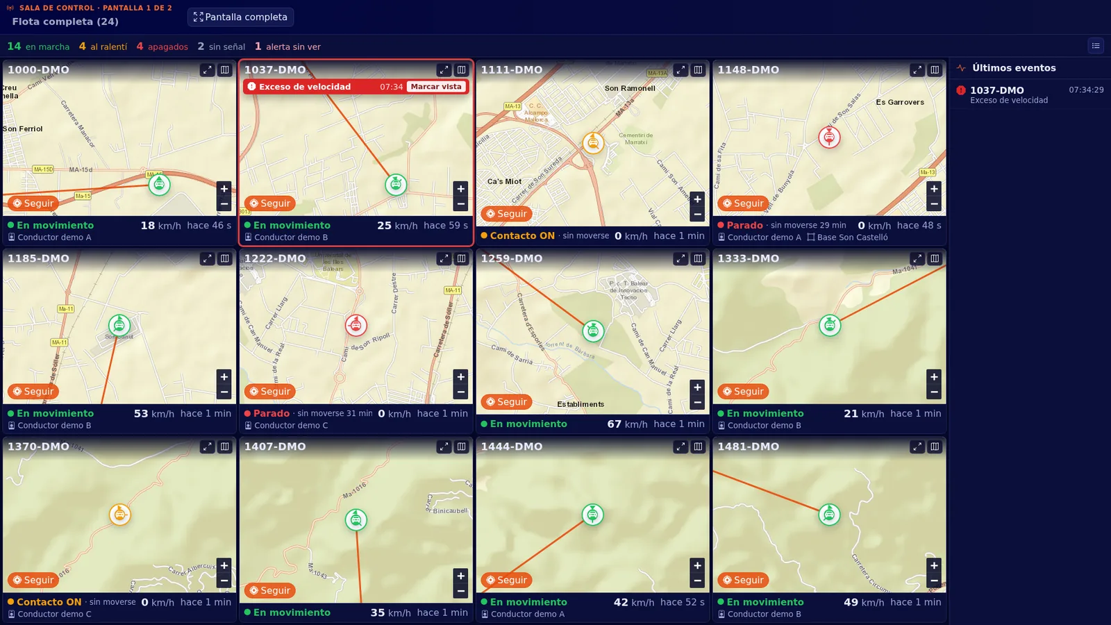 Pantalla 1 de 2 de la sala de control con doce vehículos de la flota completa repartidos en cuadrícula