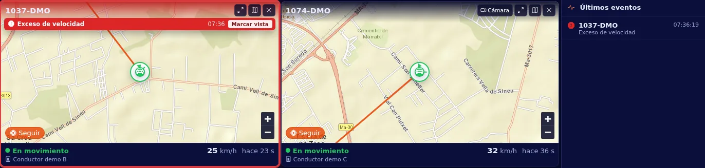 Recuadro de un vehículo resaltado en rojo por una alerta de exceso de velocidad, junto al panel de últimos eventos