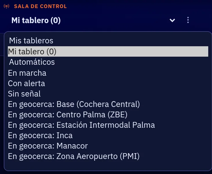Selector de tableros de la sala de control: «Mi tablero» guardado y tableros automáticos En marcha, Con alerta, Sin señal y En geocerca