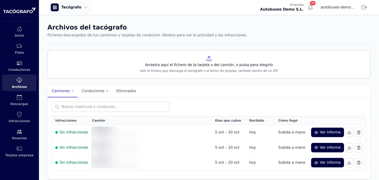 Archivos del tacógrafo en ZonnaTacho: ficheros descargados de camiones y tarjetas de conductor, con los días que cubren, cuándo se recibieron, las infracciones y el informe de cada uno